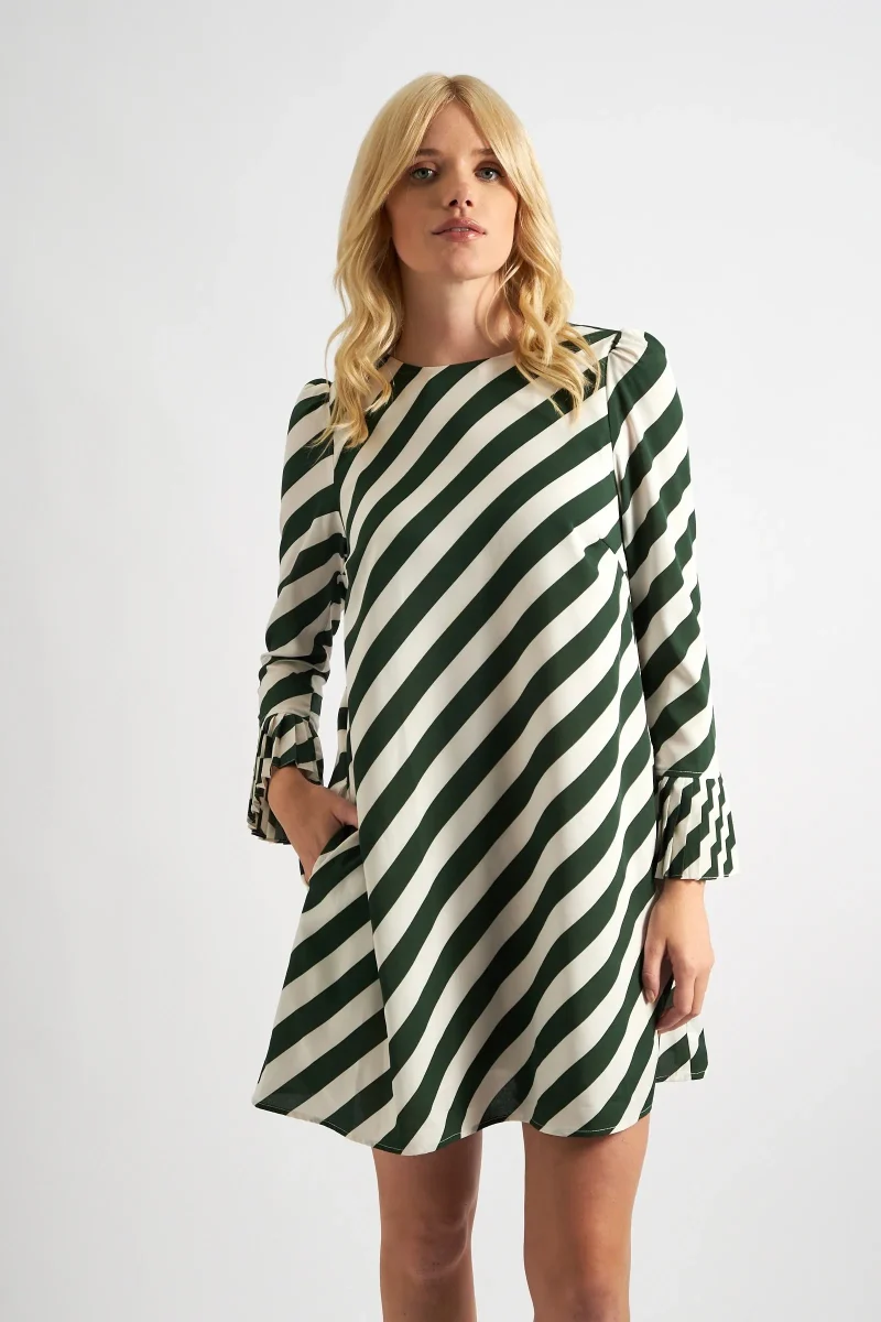 green diagonal print pleat cuff mini dress by megann