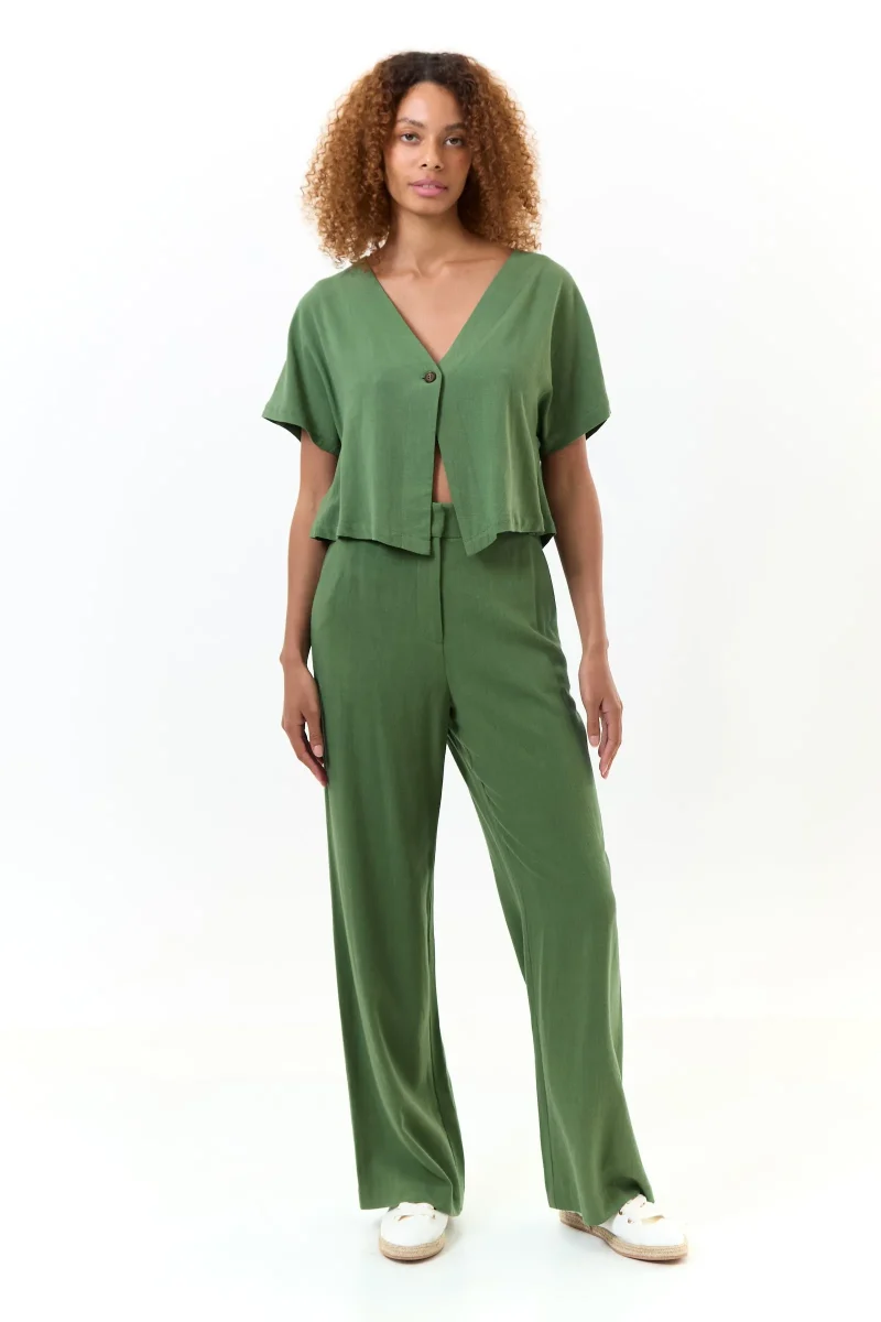 green linen blend straight leg trousers tilde