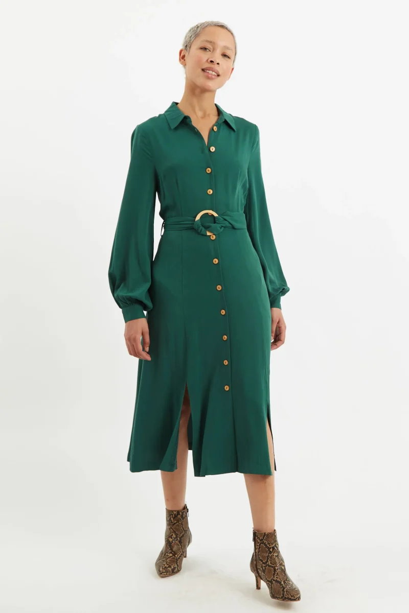 green rebecka twill long sleeve midi shirt dress scaled