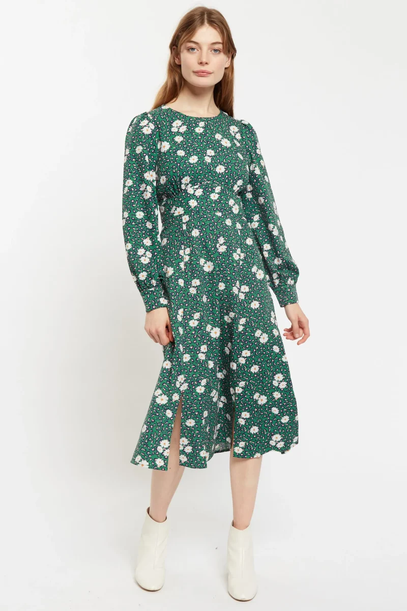 green roaring daisy print midi dress long sleeve scaled