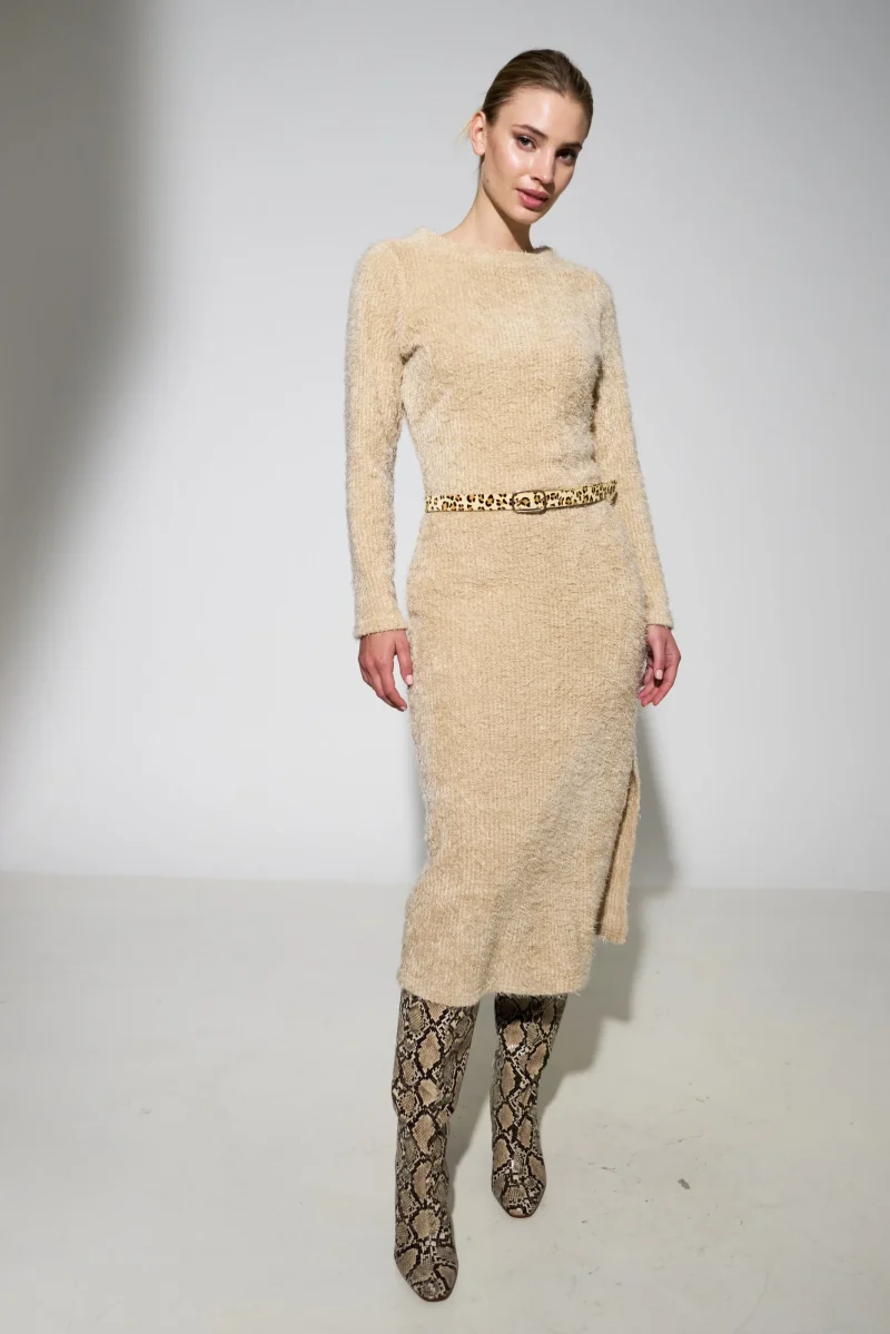 guila beige long sleeve midi dress ribbed scaled