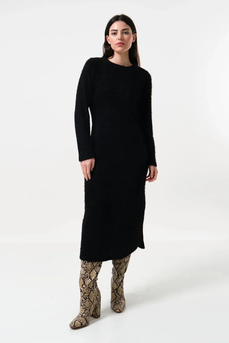 guila long sleeve black midi dress ribbed eyelash