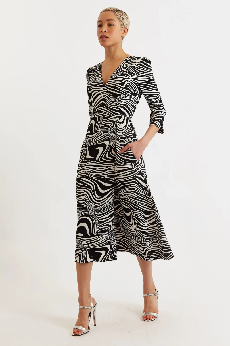 haden black white zebra print wrap midi dress scaled