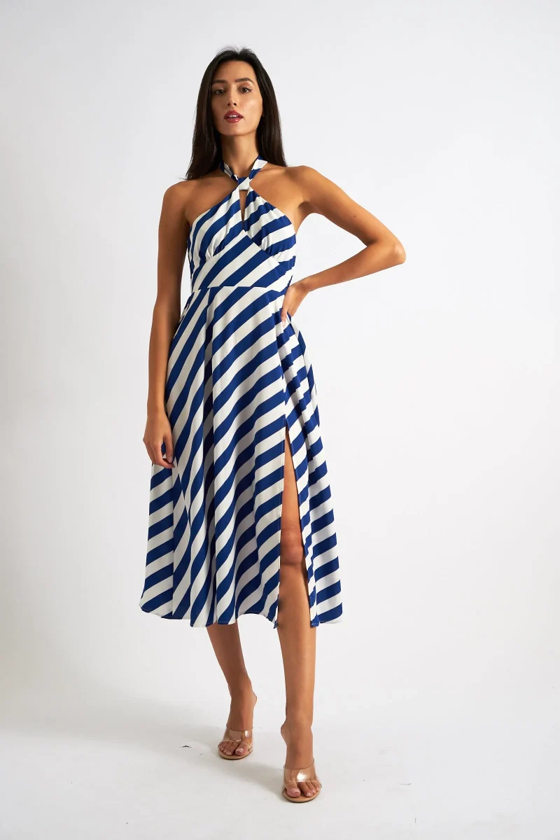 halter midi dress with diagonal lines print blue