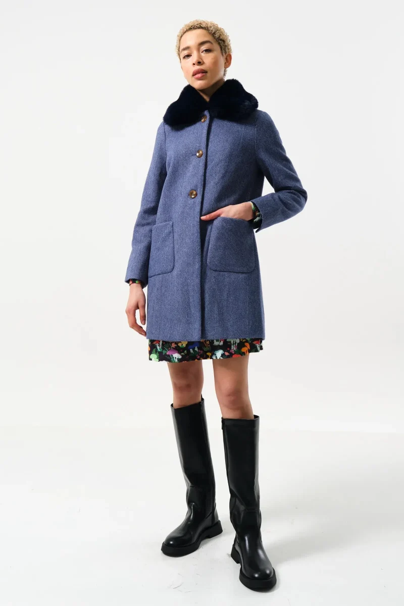 herringbone fur collar coat in blue dryden