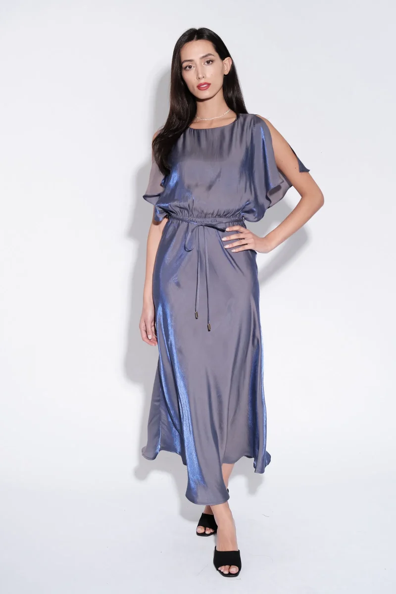 iridescent navy cape sleeve midi dress