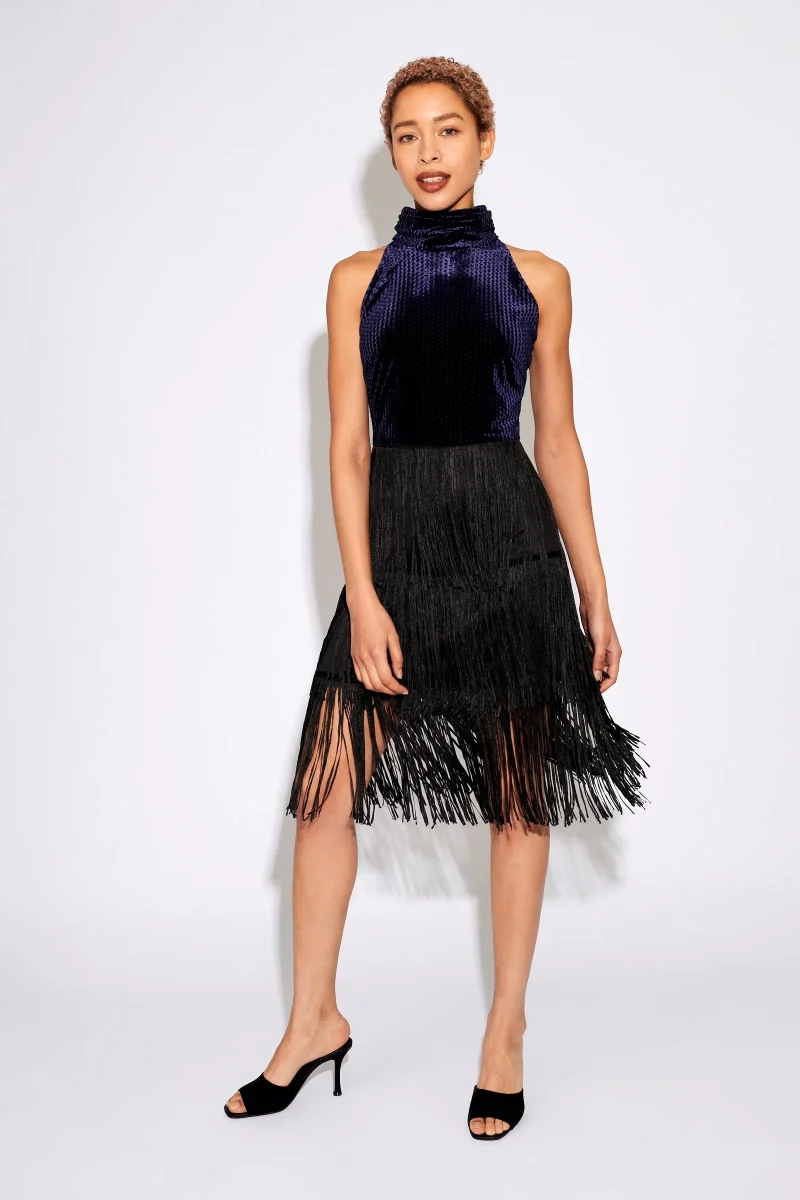 karene velvet mini dress with fringe in navy