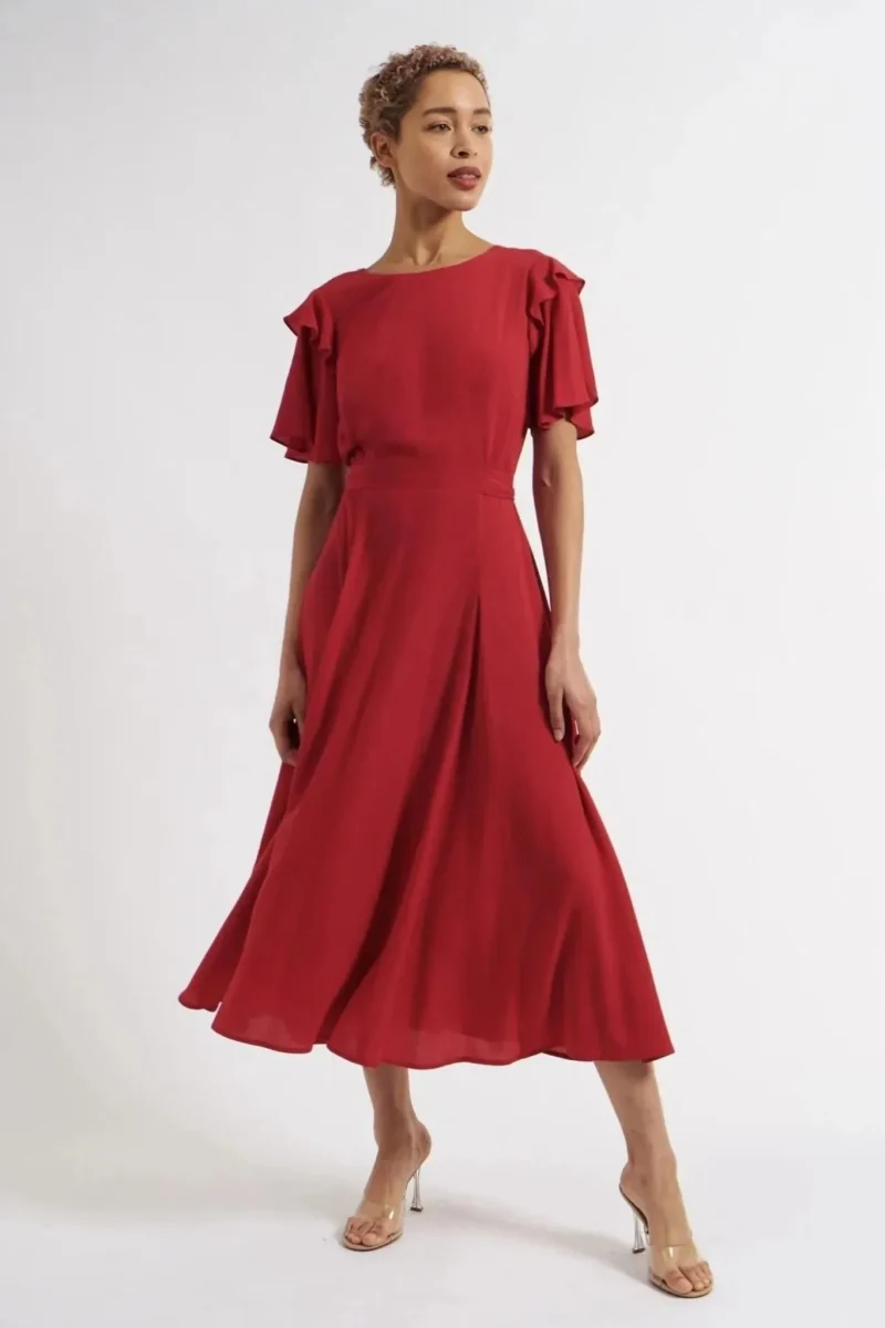 katleen red crepe midi dress w flutter sleeves