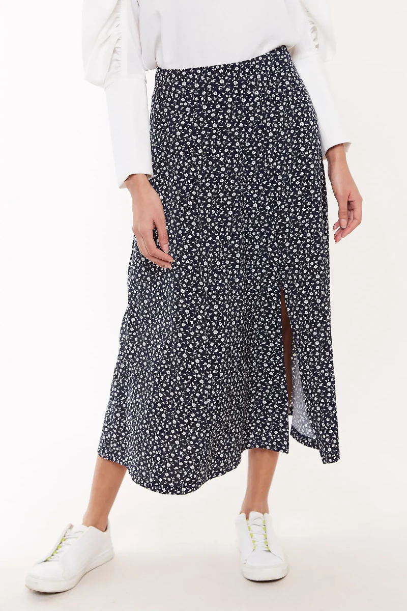 kiyo forget me not print midi skirt navy