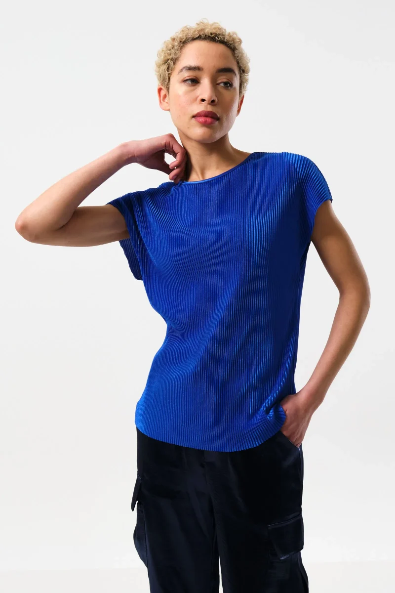 korine cobalt pleated short sleeve top