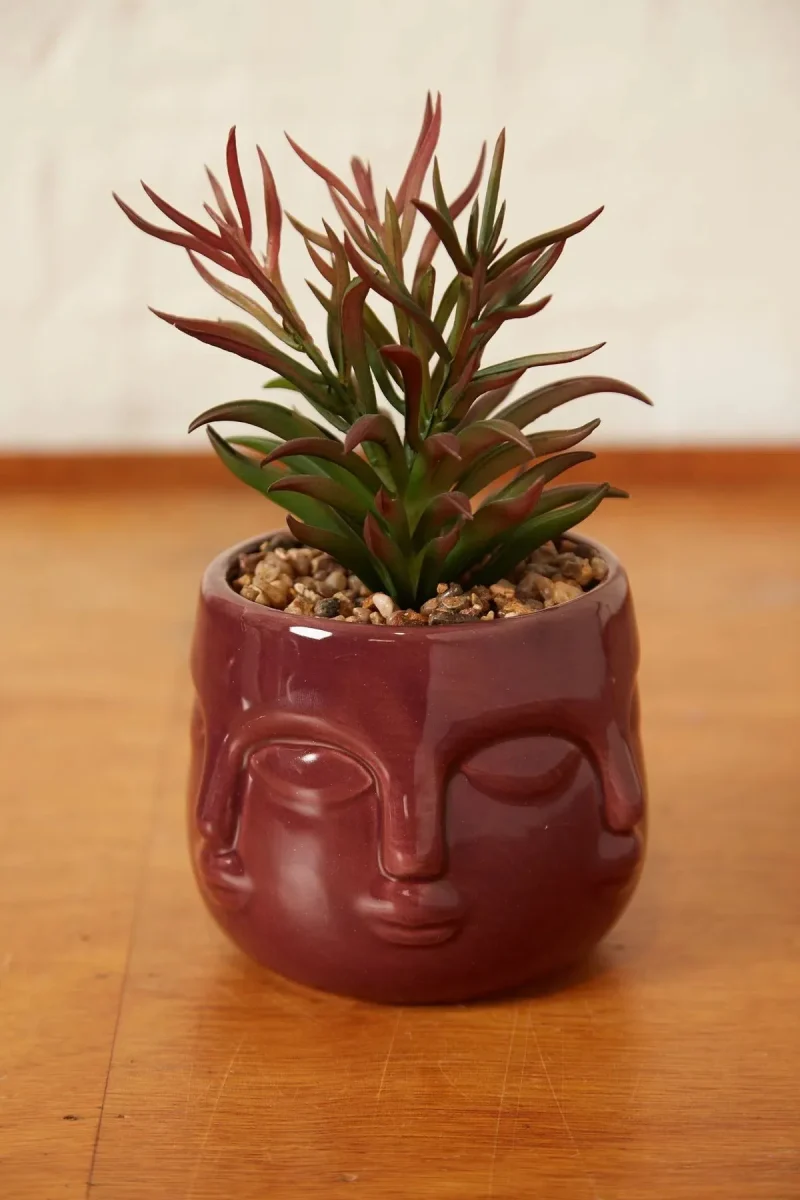 large ceramic face planter with faux succulent berry