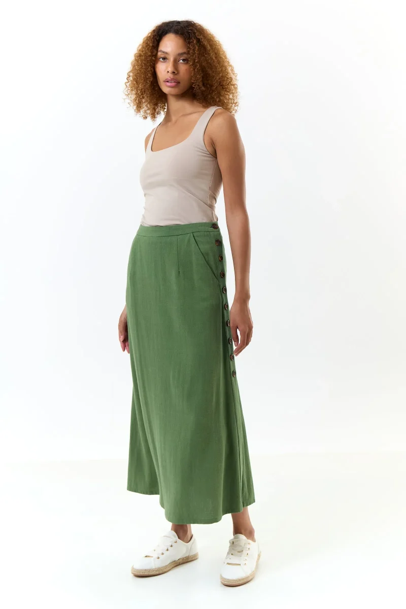 linen mix green midi skirt with side buttons