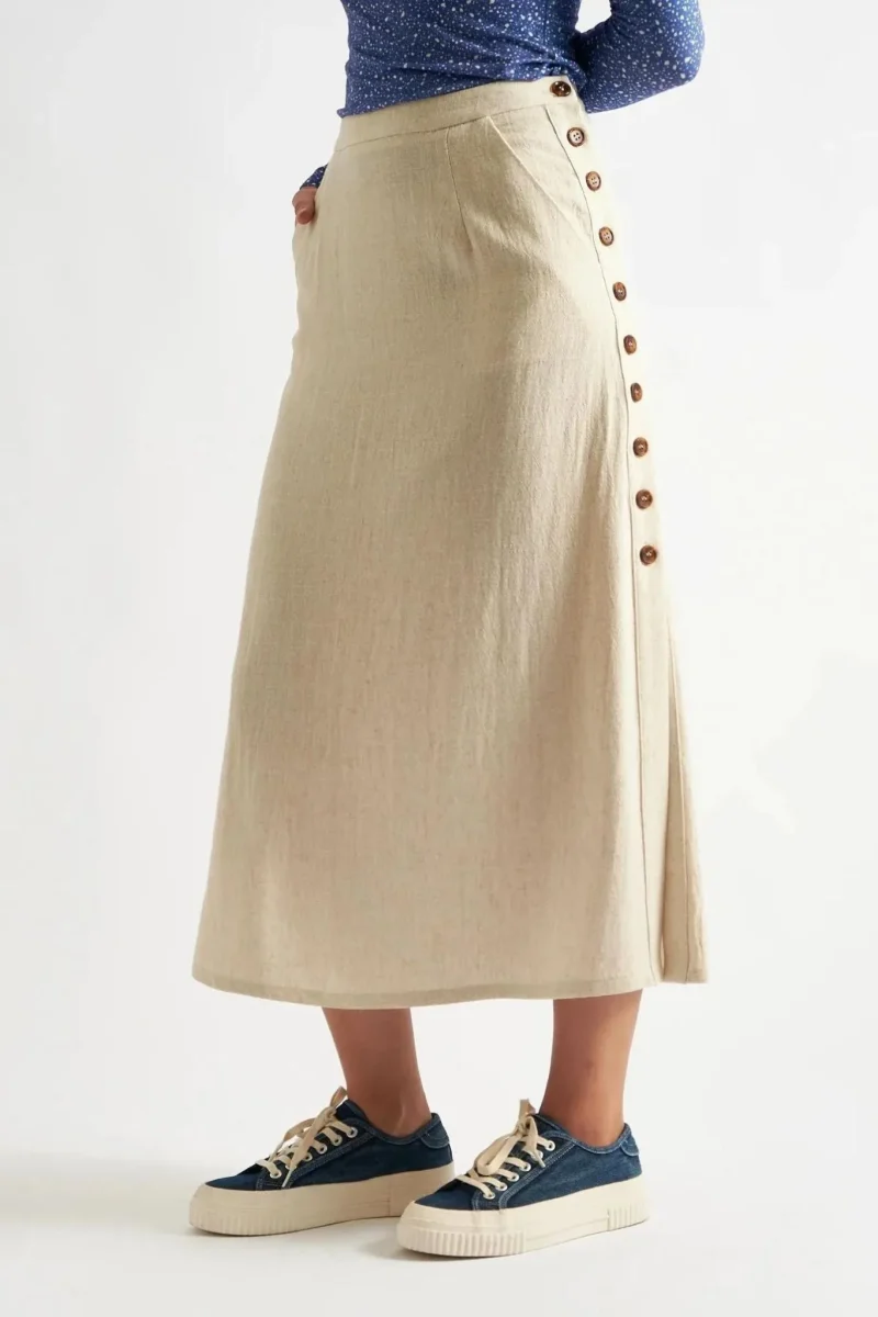 lloyd natural linen midi skirt with side buttons