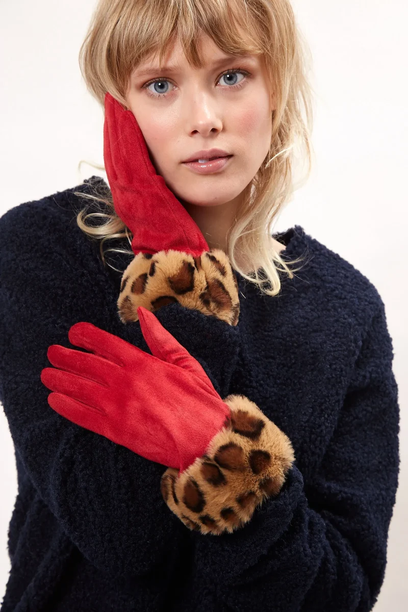 louche cadhla faux suede fur touch screen gloves red