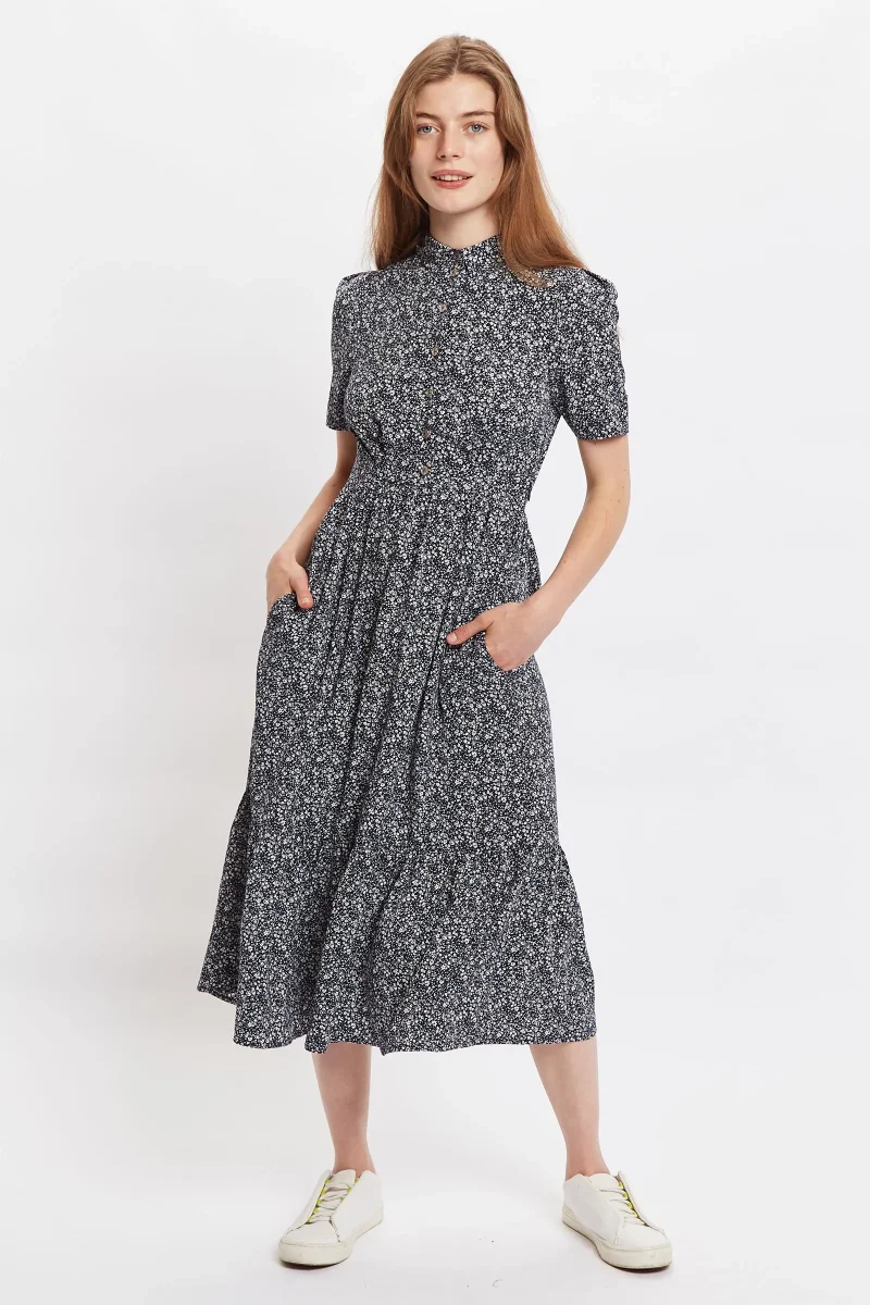 louche navy micro flower print midi tie dress short sleeve