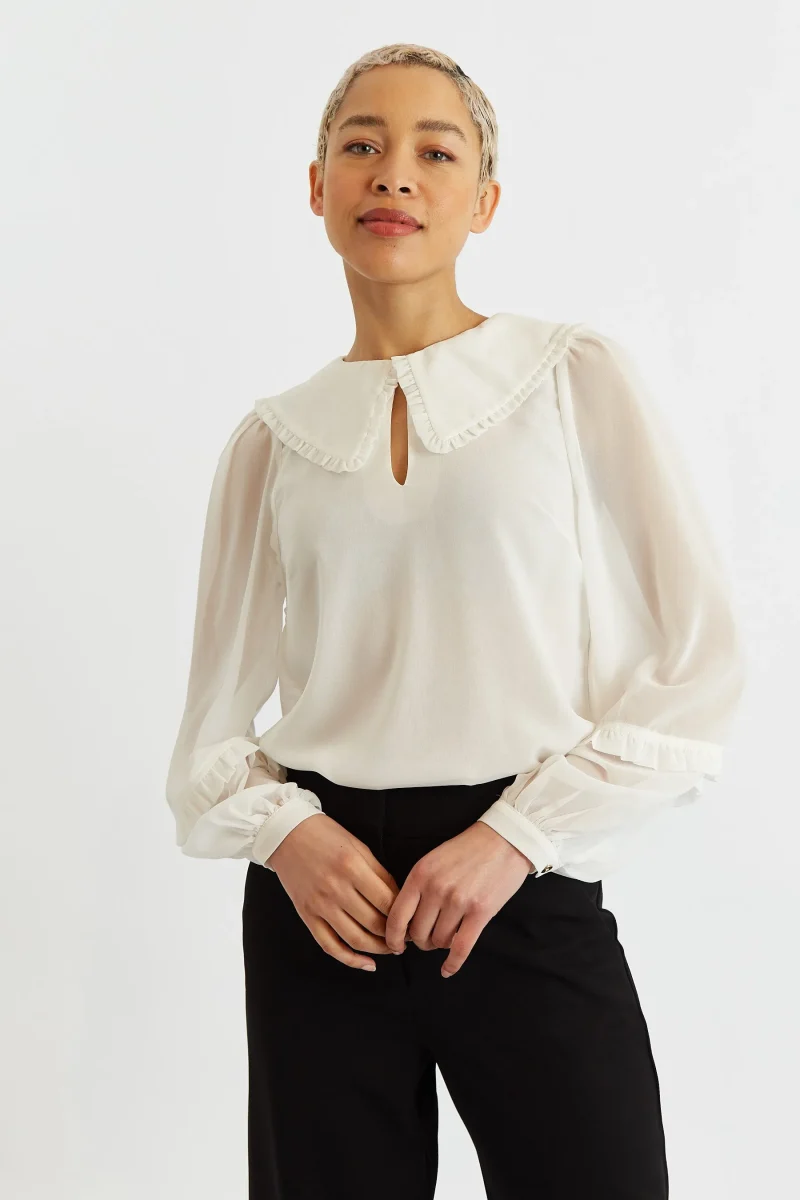 luxurious white statement collar long sleeve blouse scaled