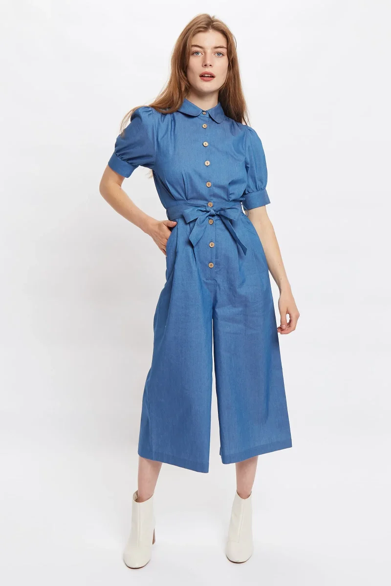 magda chambray cropped short sleeve jumpsuit