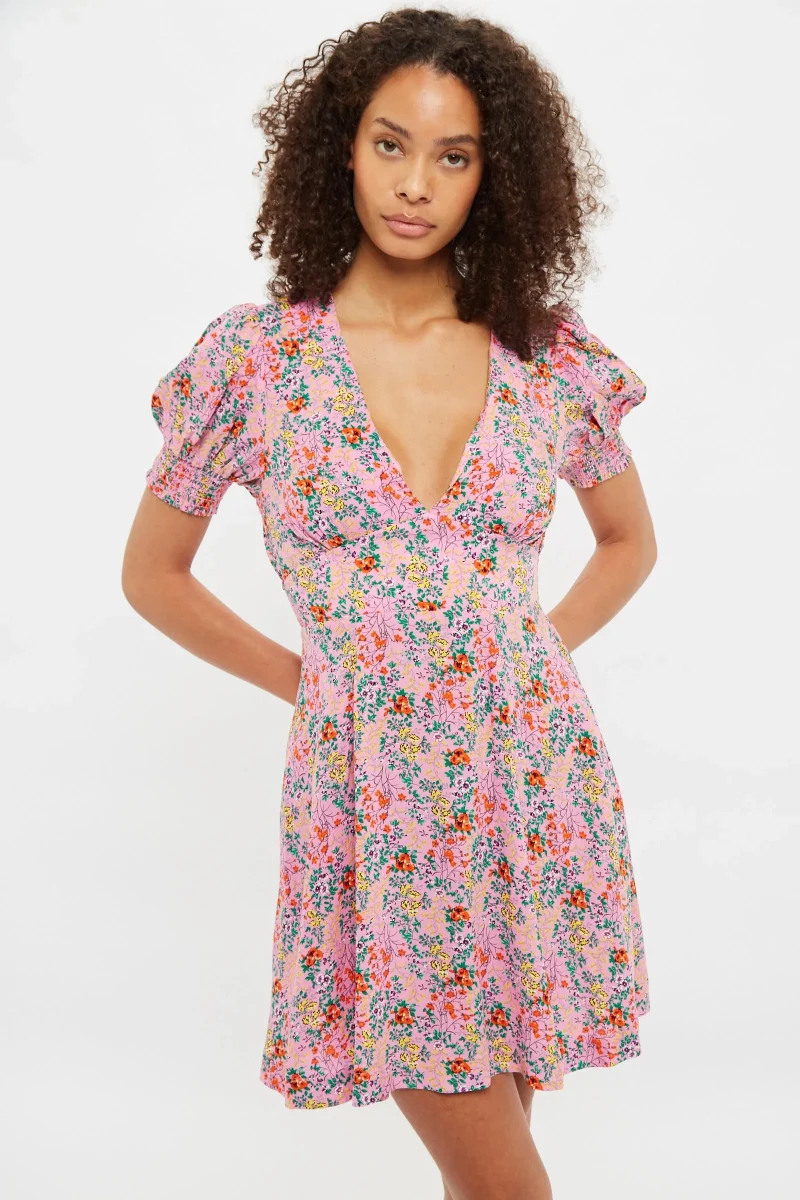 merle flower print v neck tea dress short sleeve pink