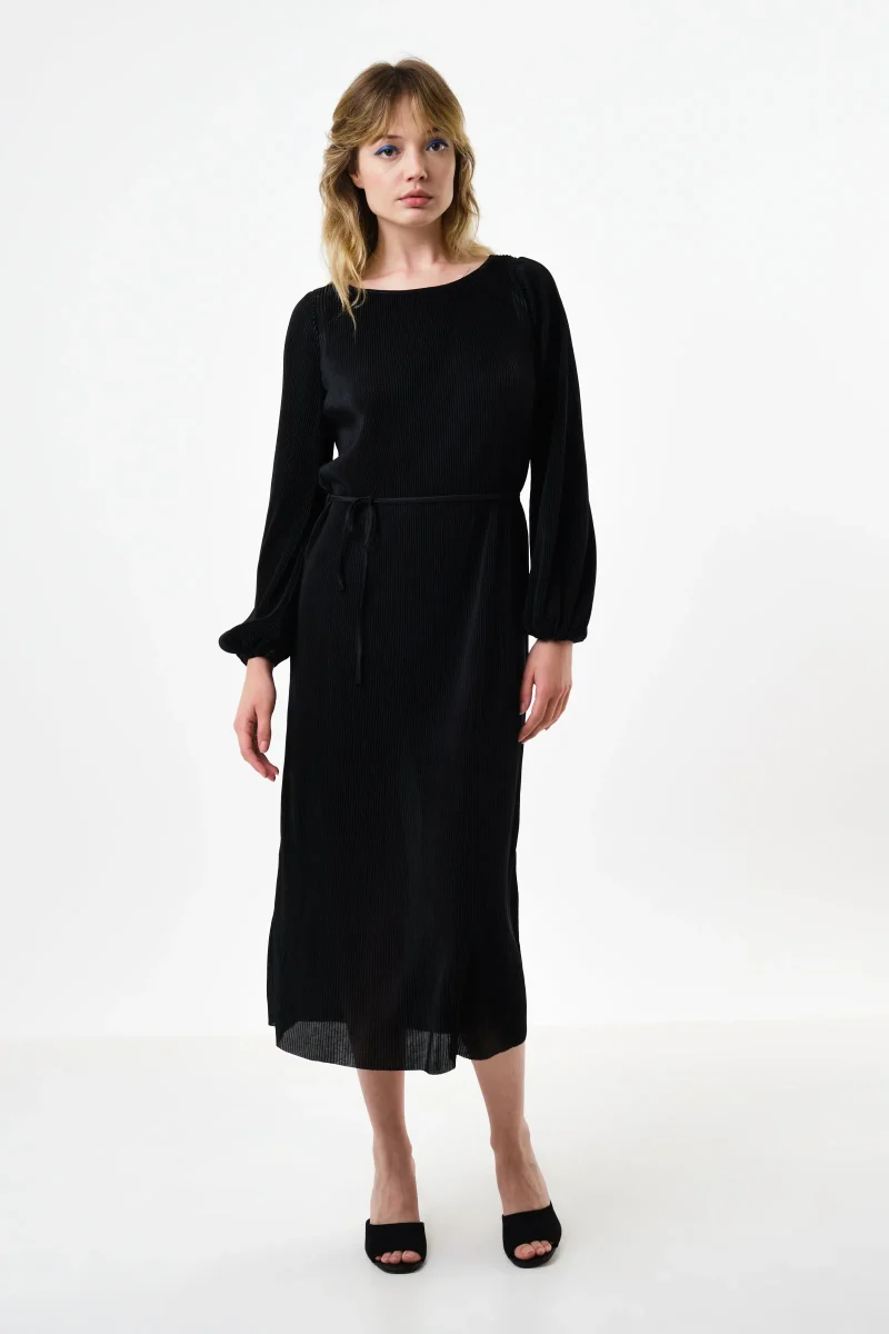 milene pleated midi dress long sleeve black