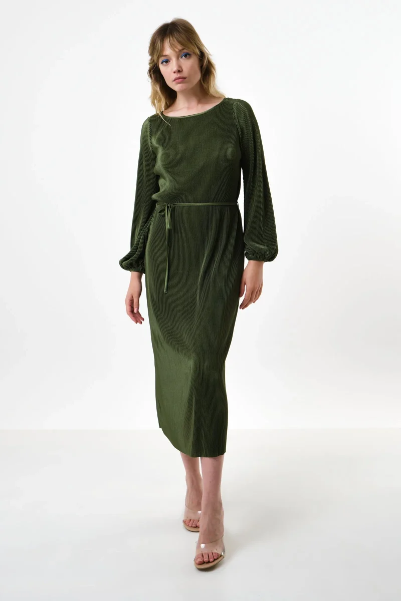 milene sage pleated long sleeve midi dress