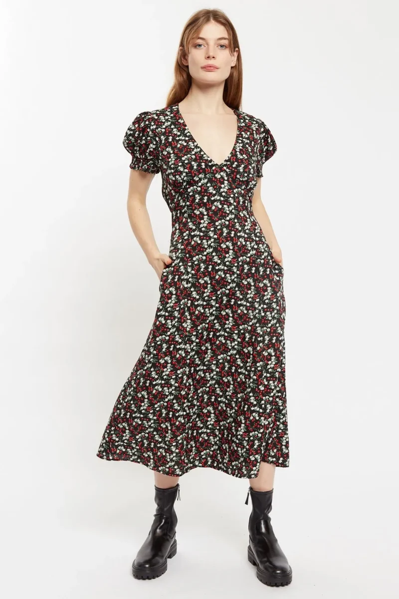 minerva ditsy print puff sleeve midi dress