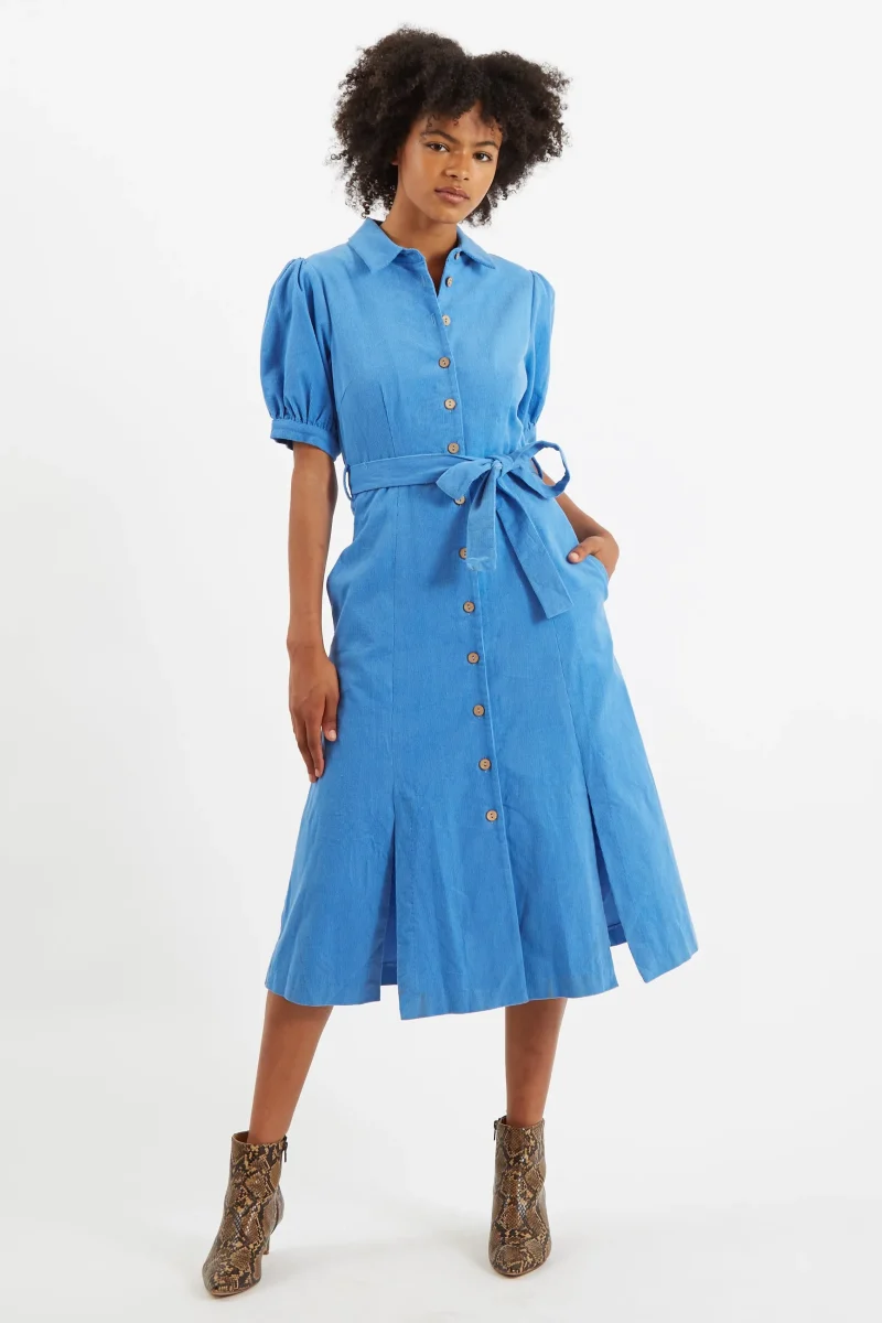 mollie baby cord blue midi dress with puff sleeves scaled