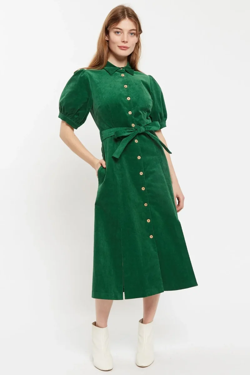 mollie baby cord puff sleeve midi shirtdress