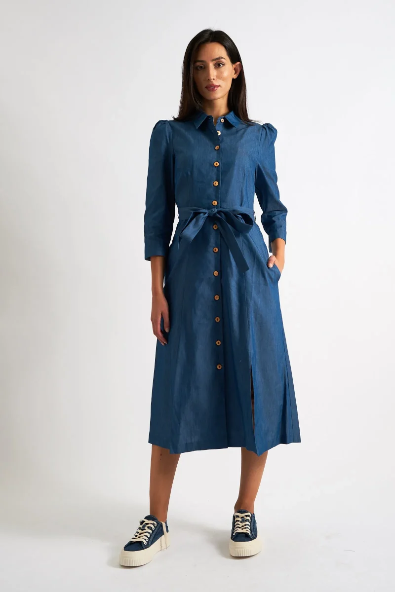 monick chambray midi shirt dress with 3 4 sleeves