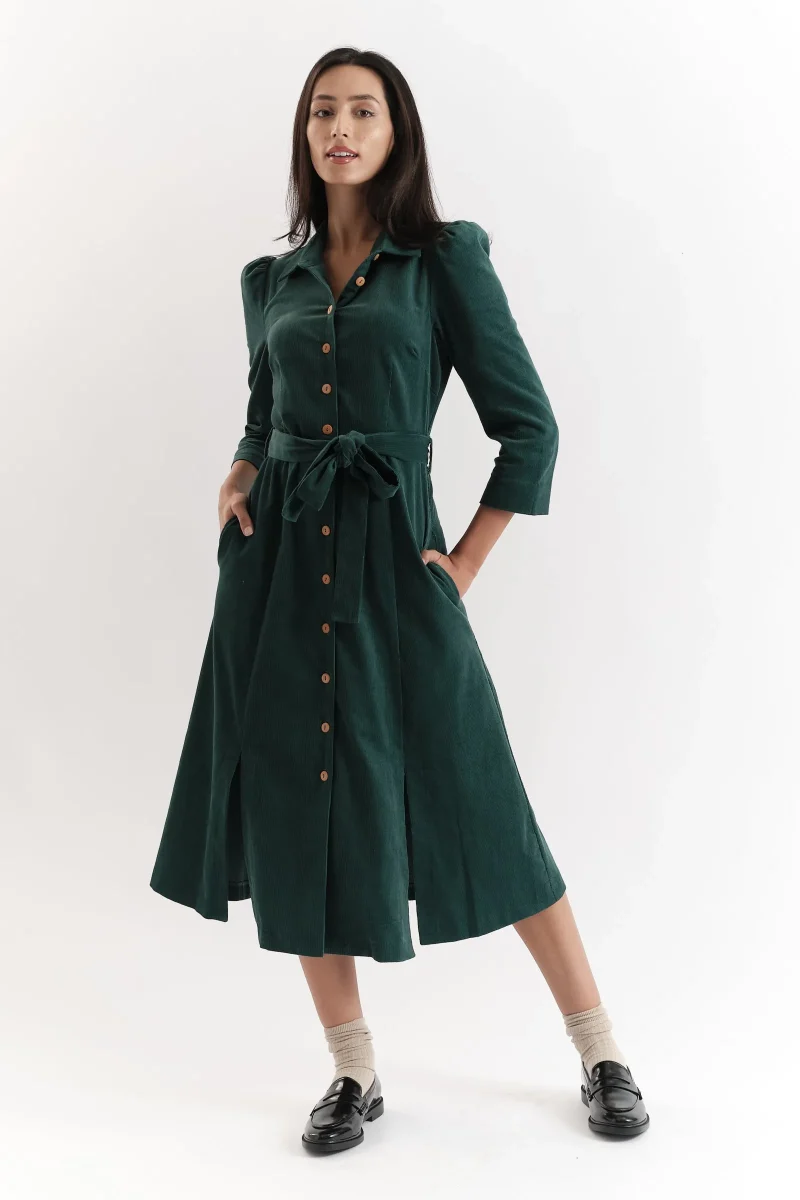 monick green 3 4 sleeve midi shirt dress