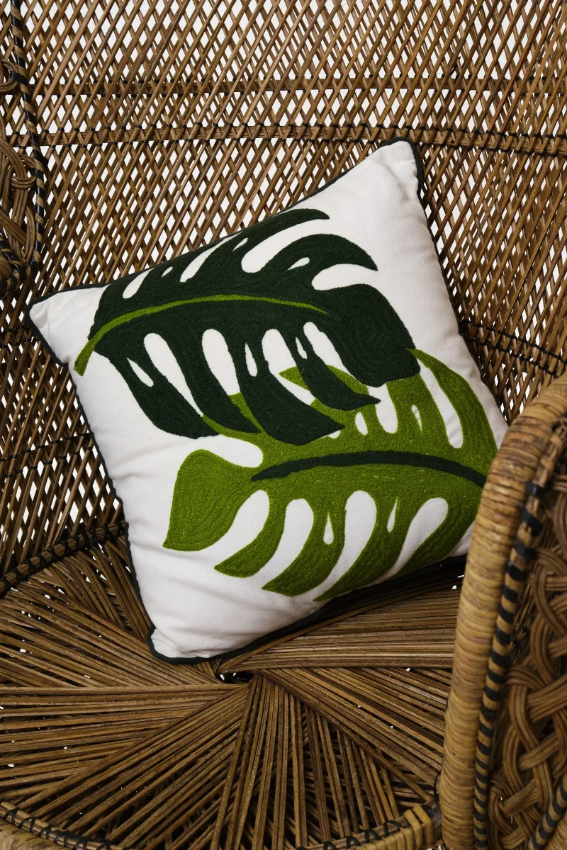 monstera leaf embroidered throw pillow