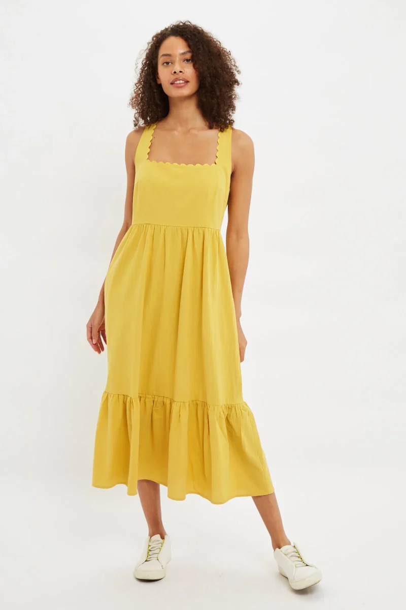 mustard sleeveless square neck tiered midi dress