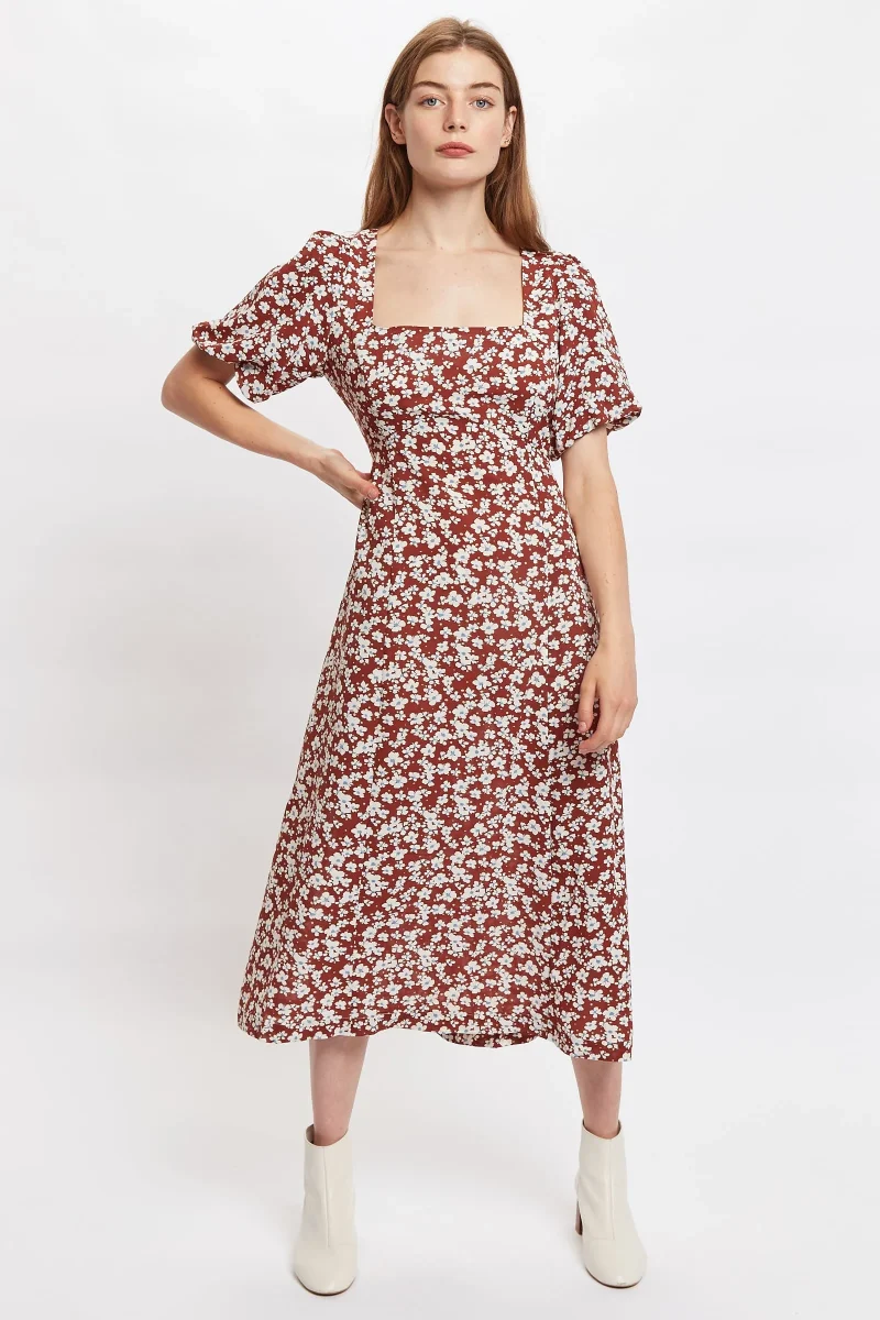 nadine brown floral midi dress with balloon sleeves