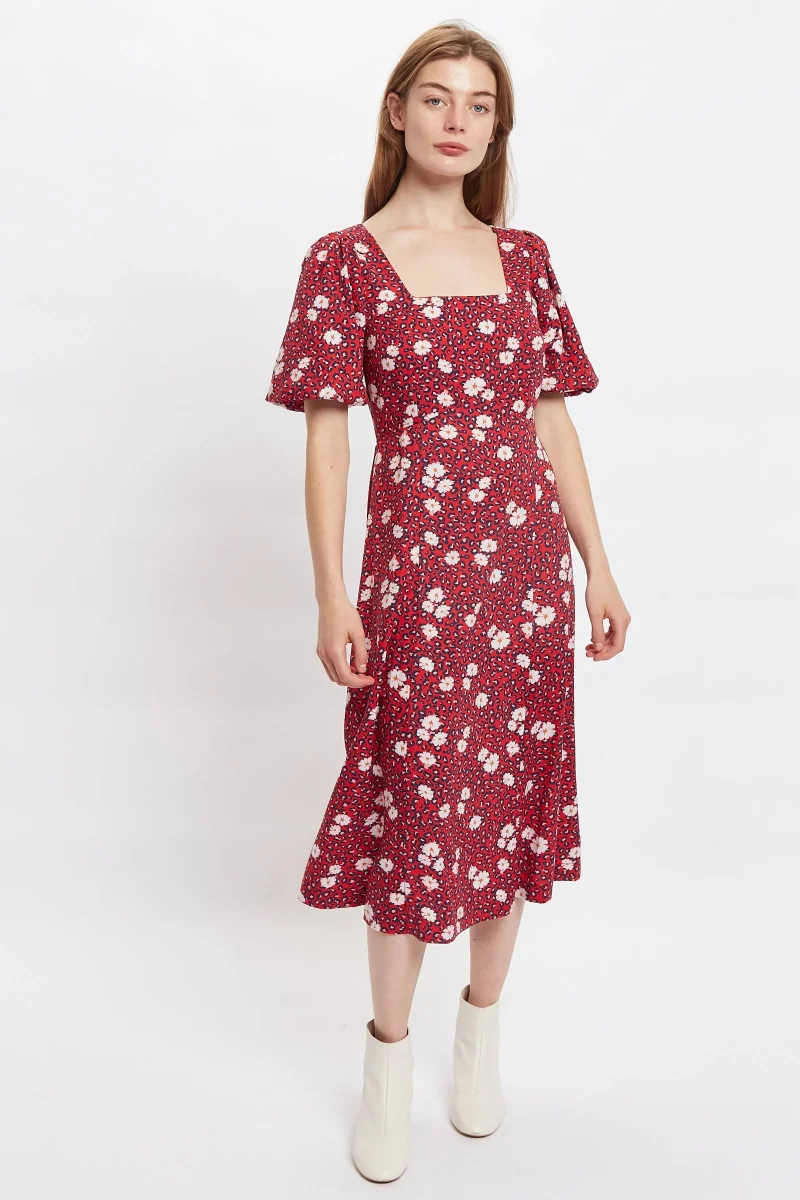 nadine red daisy midi dress square neck balloon sleeves