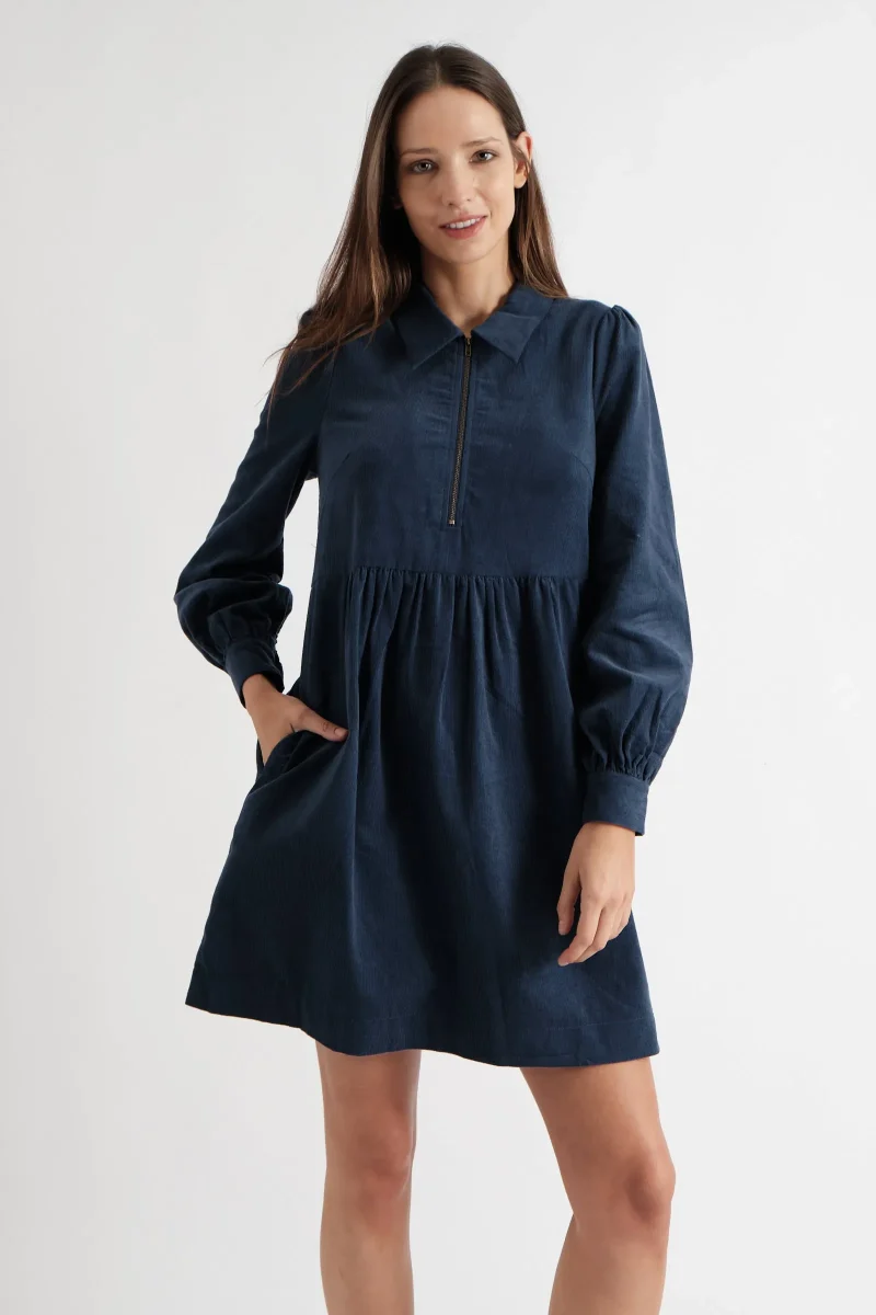 navy corded mini dress with zip front