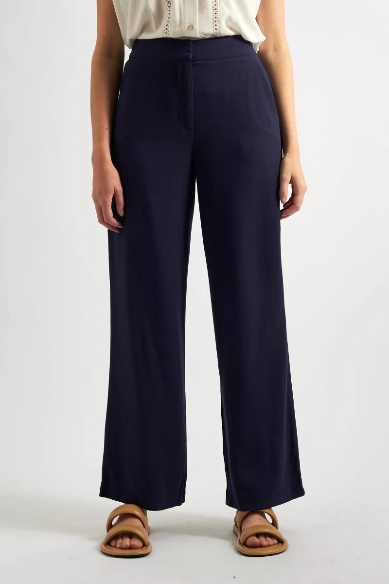 navy linen blend straight leg pants