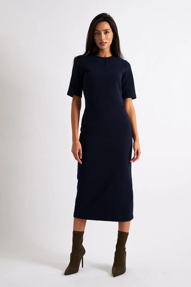 navy nila ribbed midi dress bodycon fit