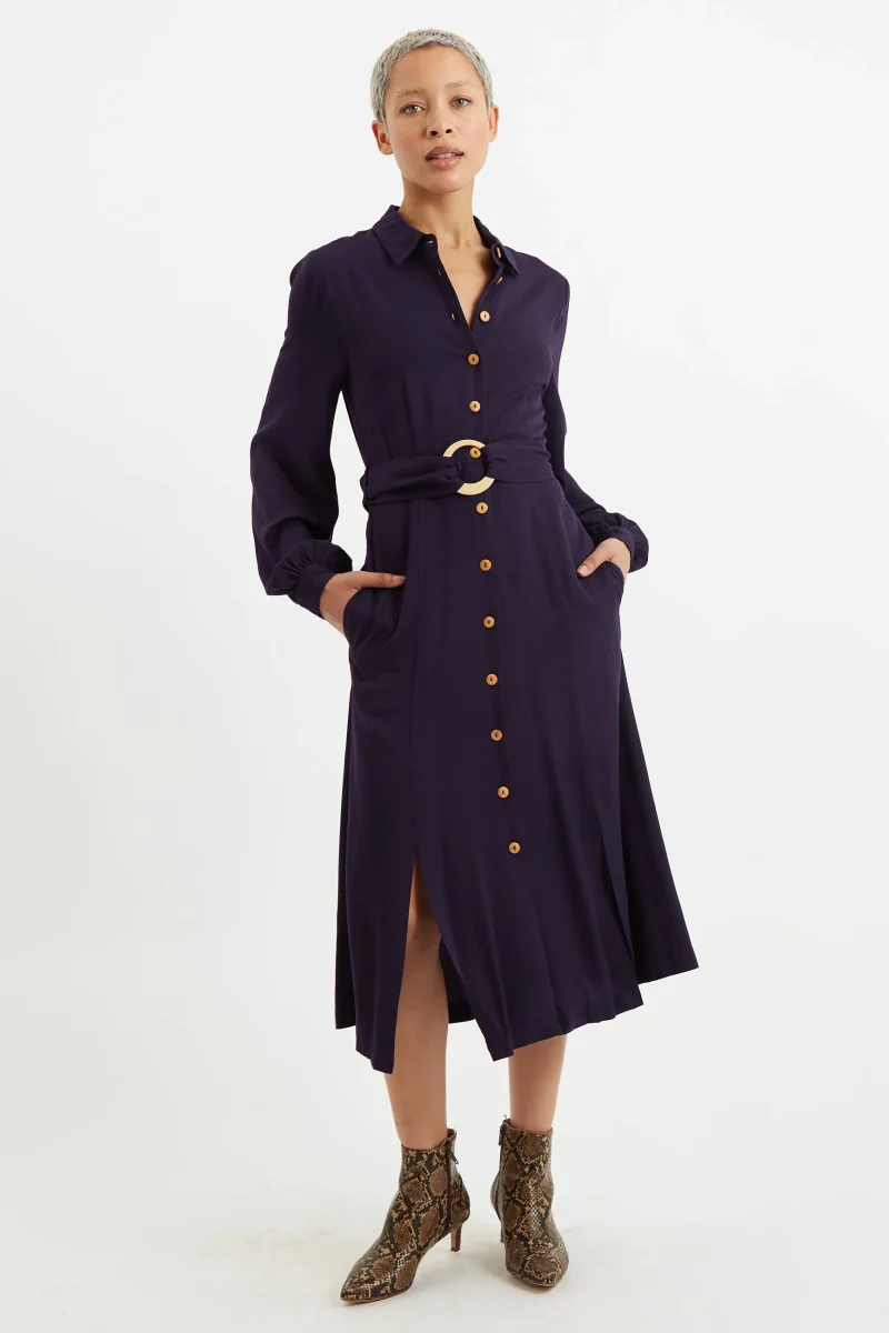 navy twill long sleeve midi shirt dress scaled