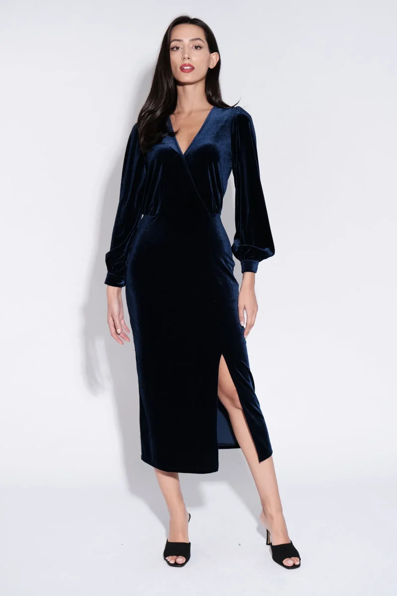 navy velvet wrap midi dress by karen