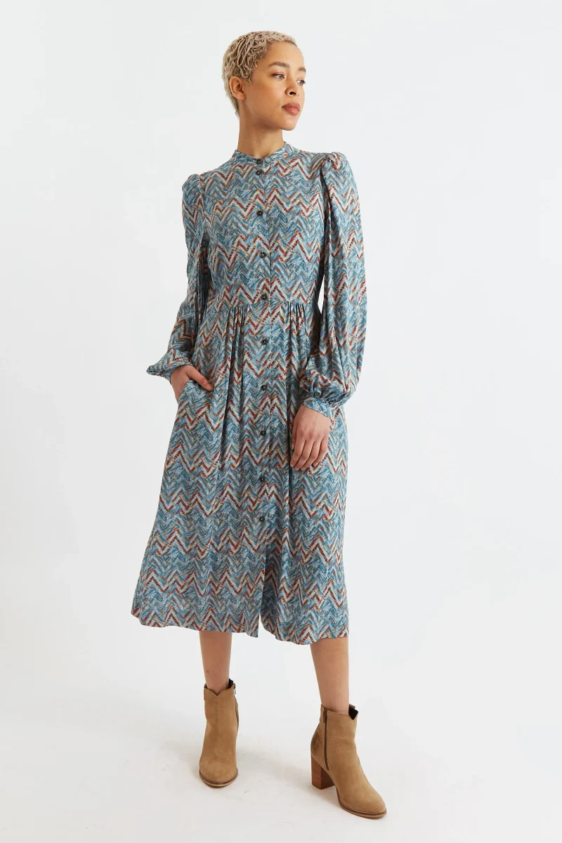 nayma art attack long sleeve midi dress duck egg blue scaled