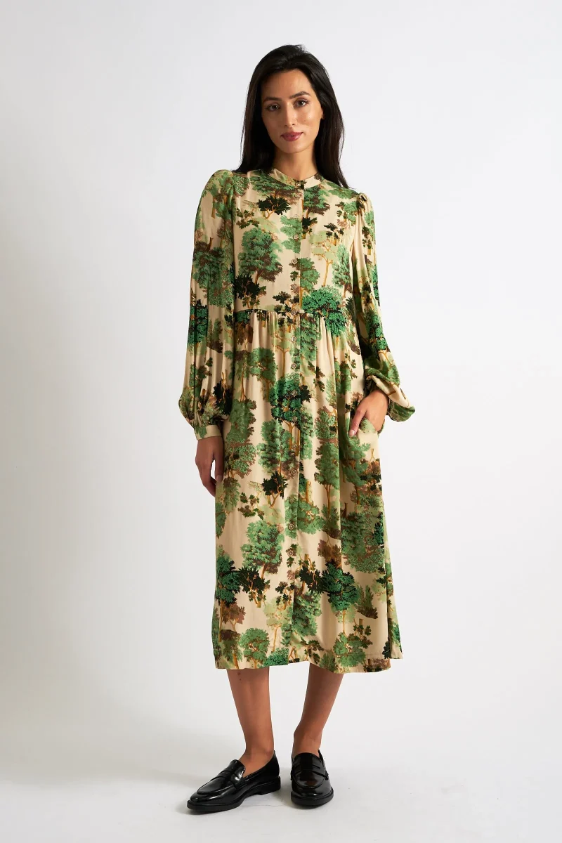 nayma green forest print midi dress