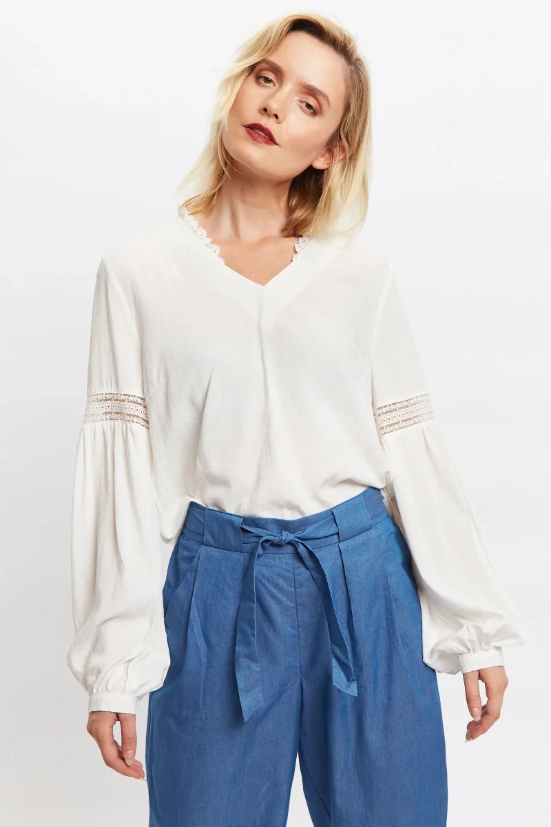 niki v neck long sleeve blouse w lace trim