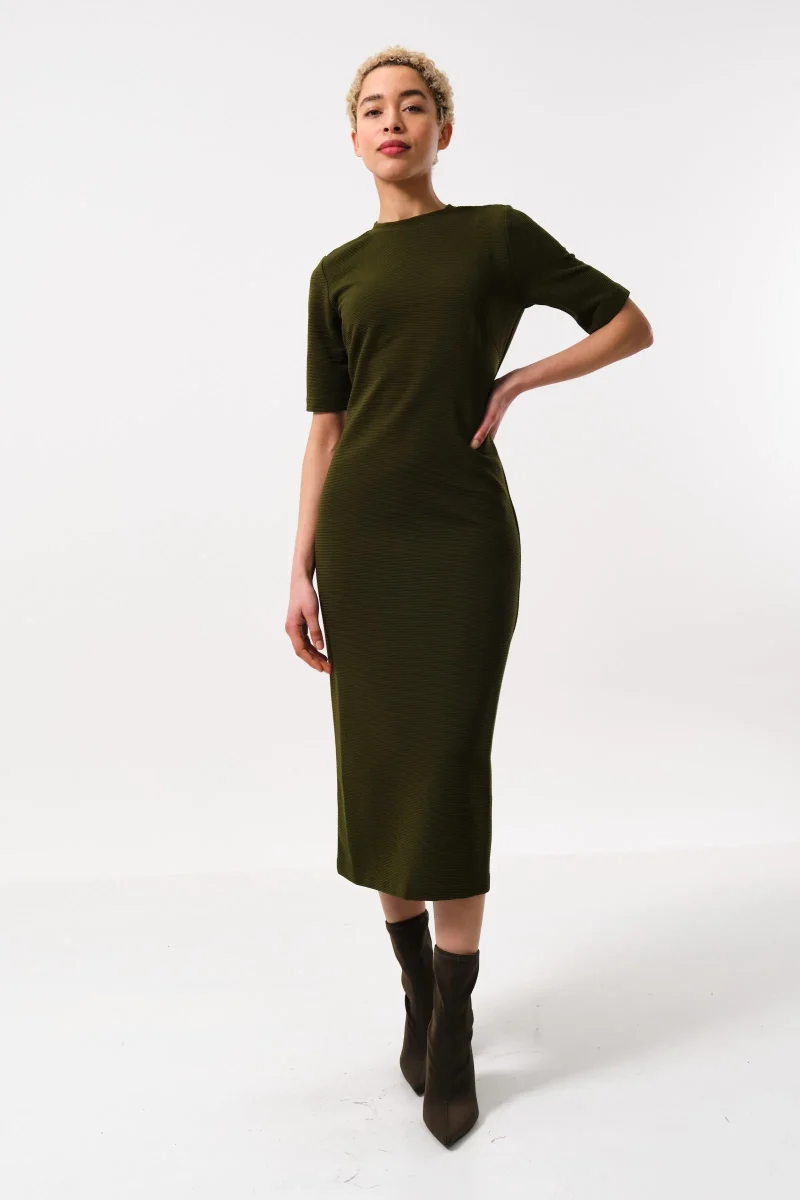 nila green ribbed midi bodycon dress