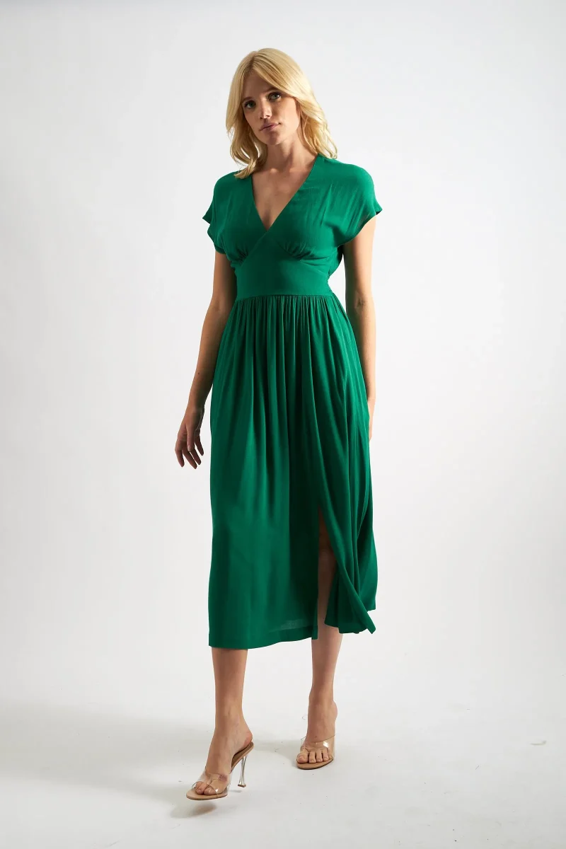 organic moss crepe v neck midi dress sage green