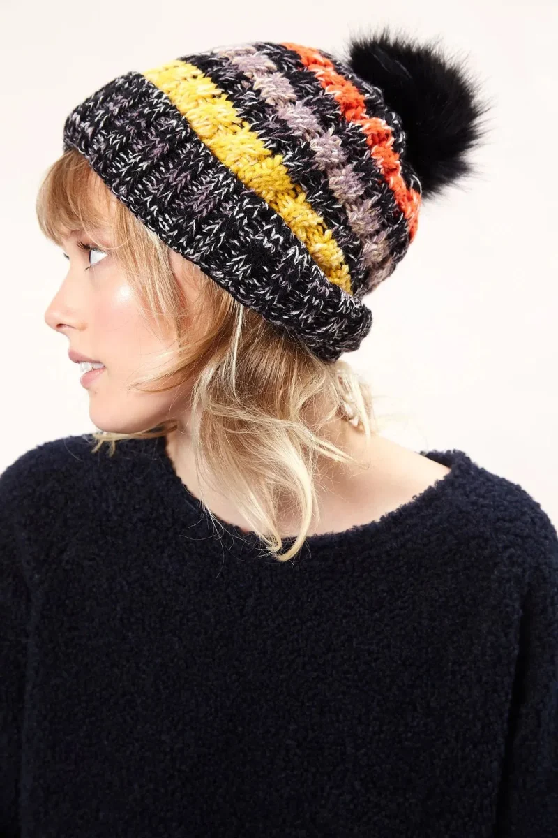 orla striped knit beanie with faux fur bobble black