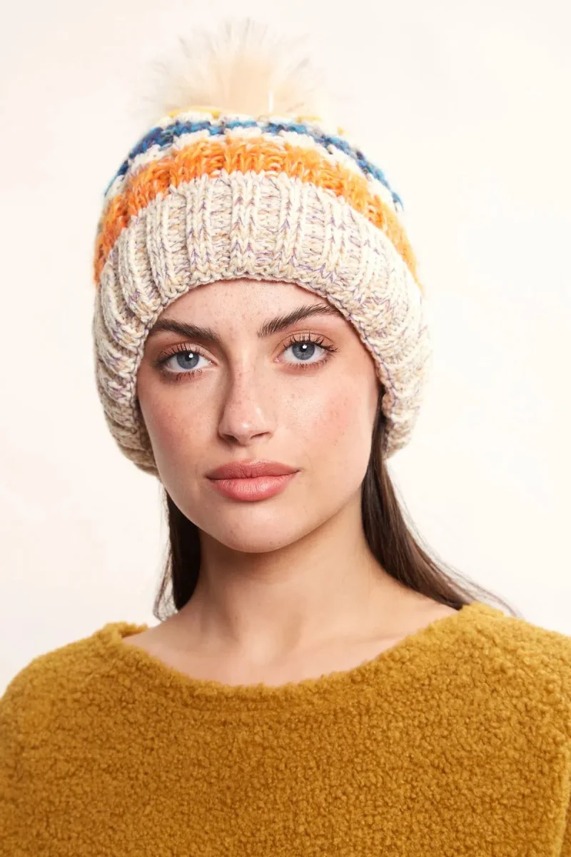 orla striped knit beanie with faux fur bobble white