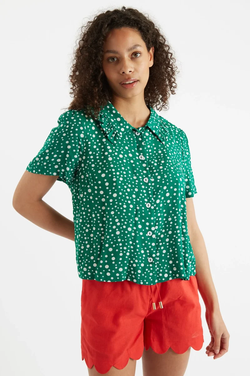 padma ruffle collar blouse green short sleeve scaled