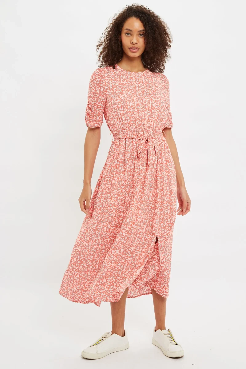 pink micro blossom midi dress for women short sleeve