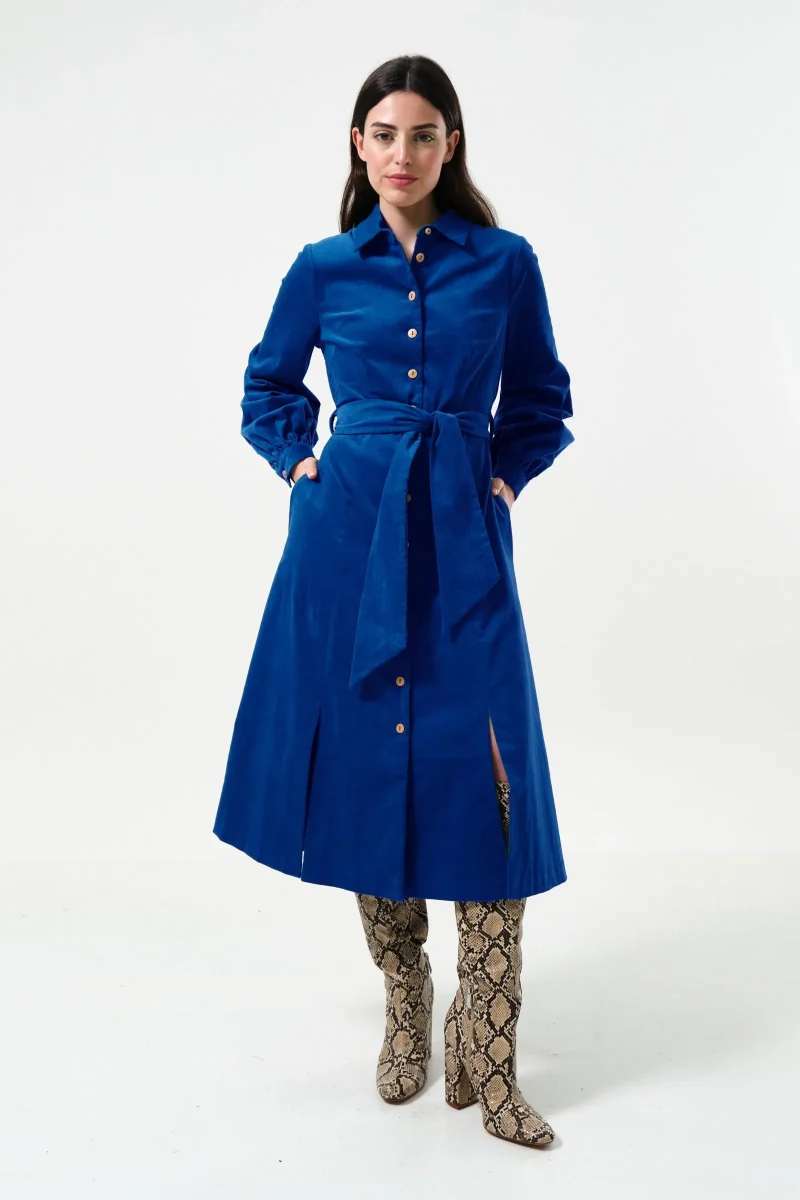 rebecka babycord midi shirt dress in cobalt