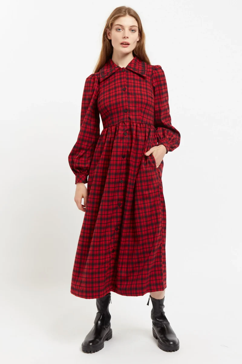 red black gingham winter midi shirt dress scaled