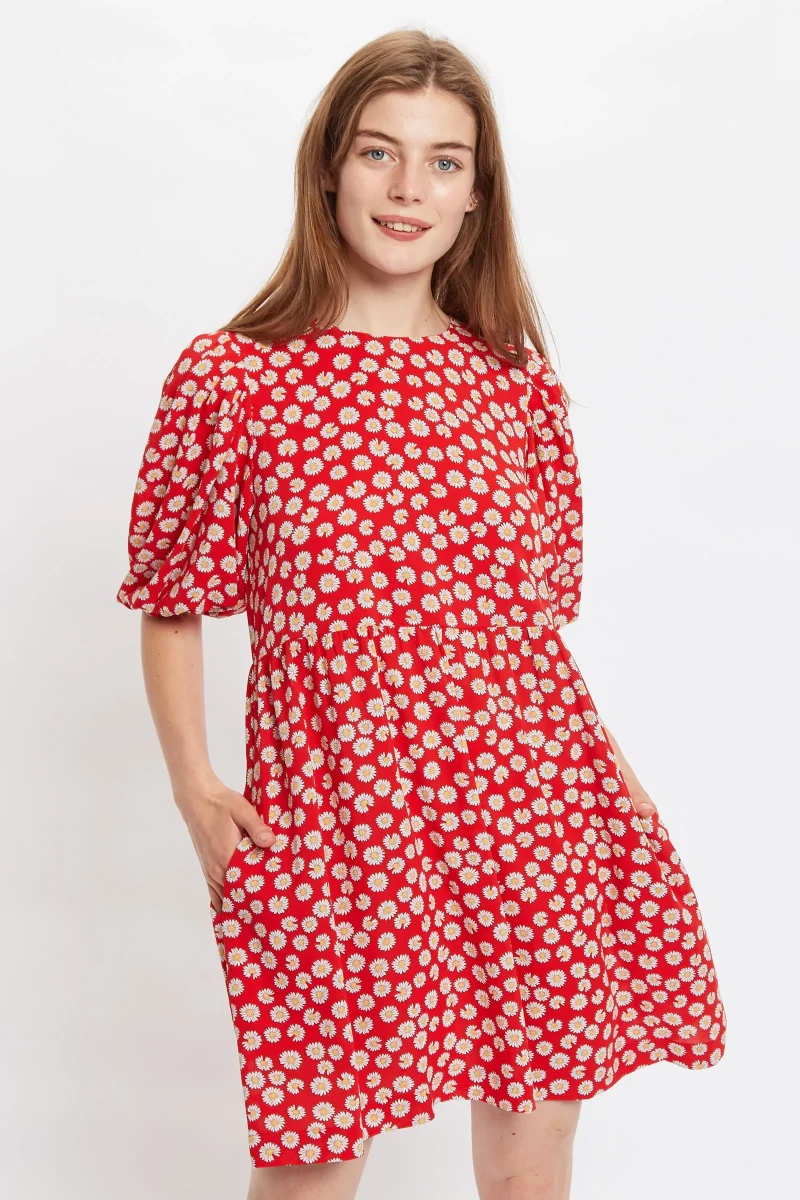 red daisy dancer mini dress with statement sleeves